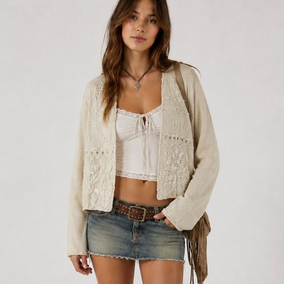 Rue21 Sweaters - Vintage 90s Floral Embroidered Cardigan Sweater Medium White Boho Cottage Granny